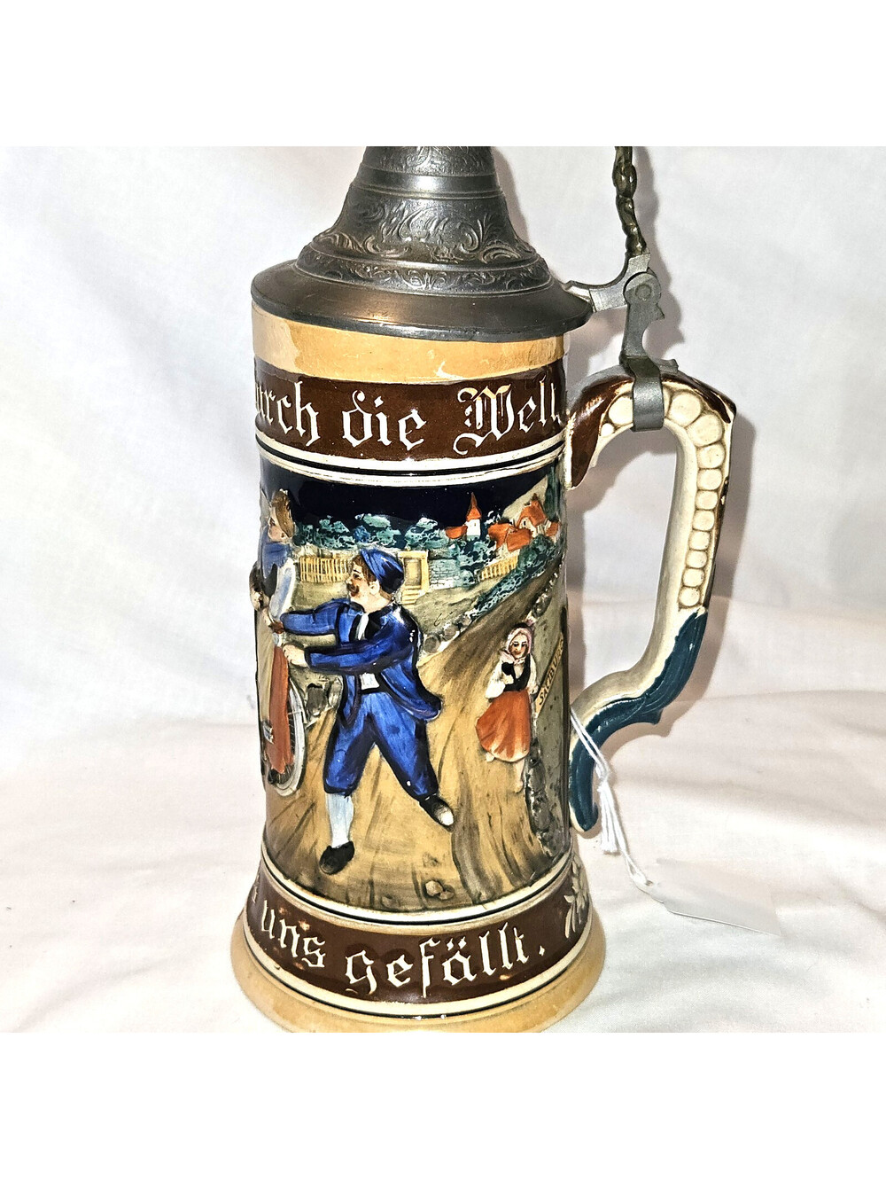 Vintage German Beer Stein Pewter Lid Relief Village Scene Ceramic Stein 828